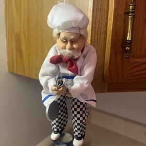 Chef Figurine with Whisk and Checkered Pants, porcelain face